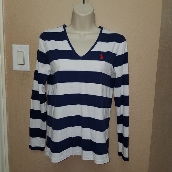Ralph Lauren Sport Women's Striped Long Sleeve Shirt V-Neck Medium Pima Cotton M - Picture 8 of 11